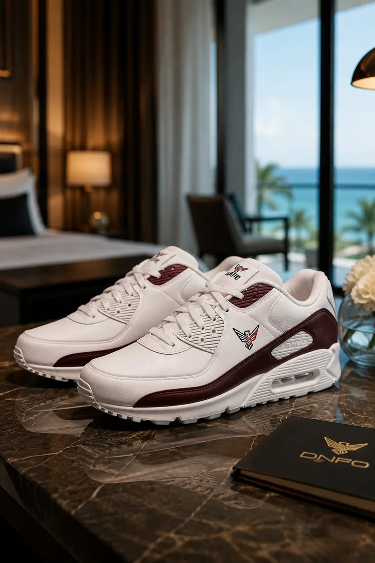 Paire de chaussures de running blanches ONFO avec détails bordeaux, sur un plateau de marbre sombre.