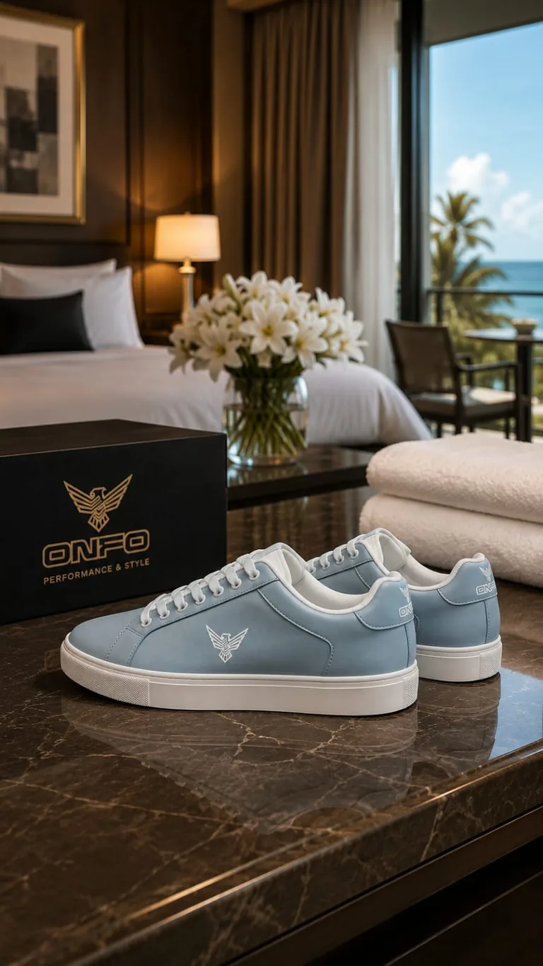 Sneaker ONFO bleu clair posée sur un plateau de marbre sombre, à côté de la boîte de la marque.